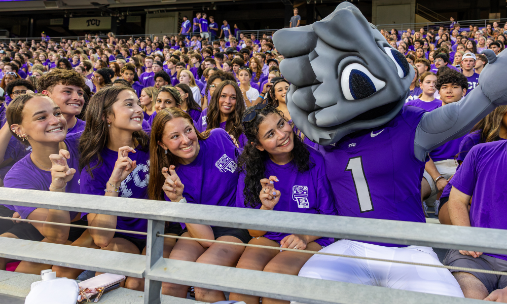 Students and a mascot sit in a football stadium.